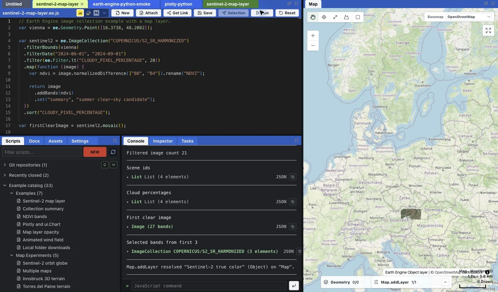 Earth Engine Studio running a Sentinel-2 JavaScript workflow with code, Console results, scripts, and a map