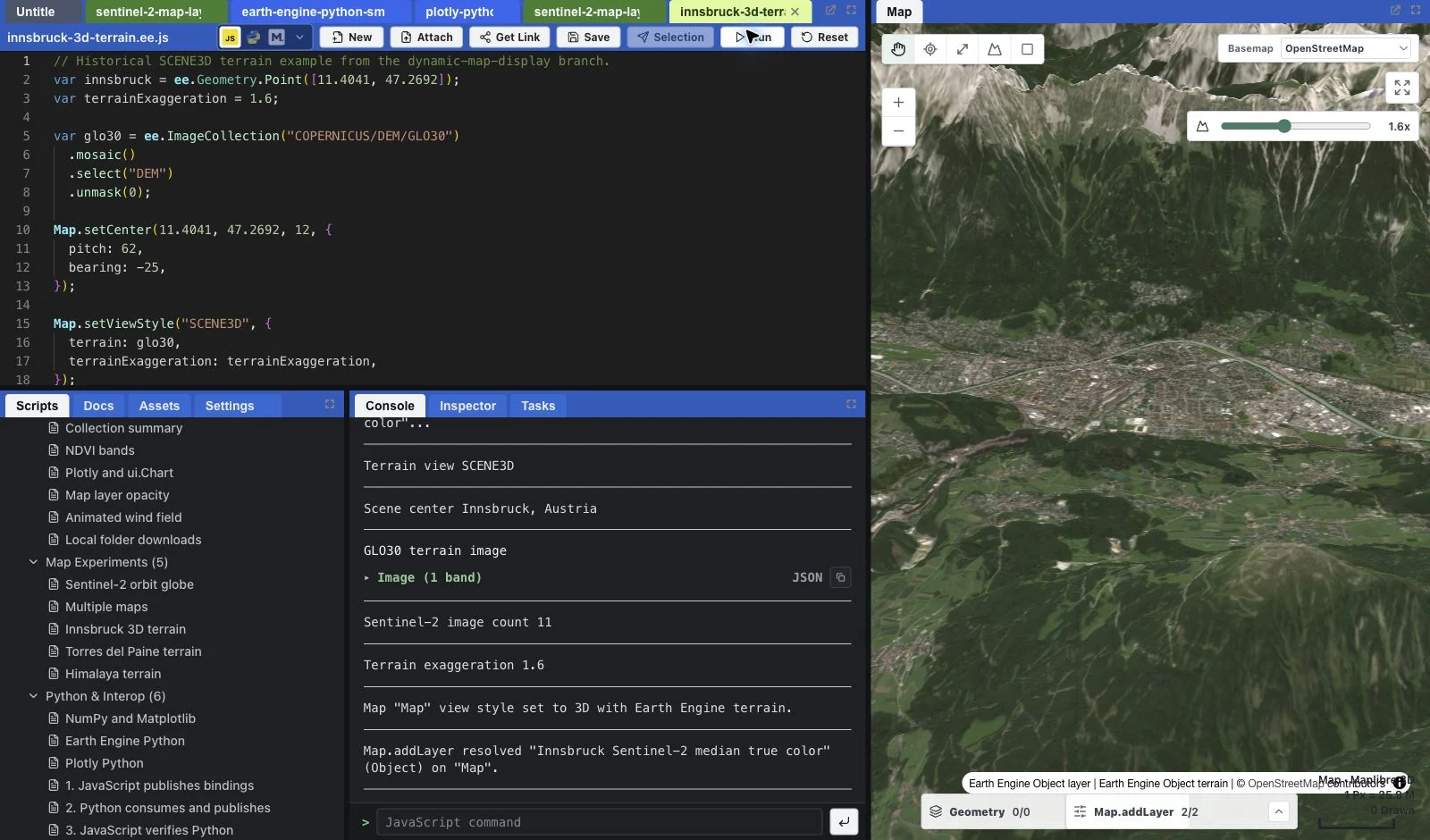 Earth Engine Studio showing JavaScript, Console results, and a three-dimensional terrain map of Innsbruck